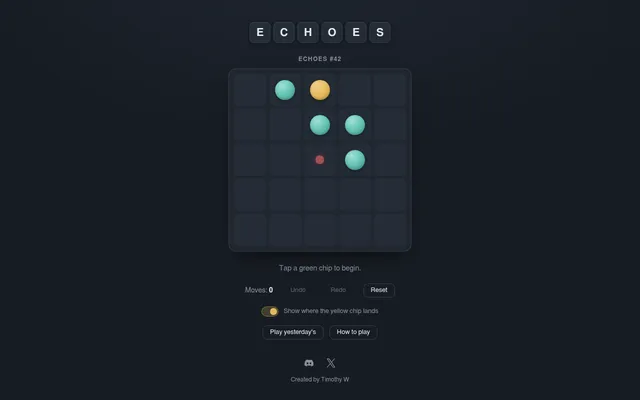 Today's Echoes #42 board on desktop: a five by five grid with four green chips, the yellow chip in the top row and the red target dot below it