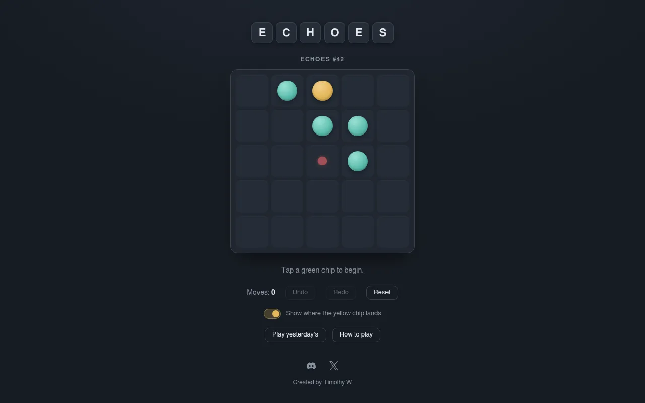 Today's Echoes #42 board on desktop: a five by five grid with four green chips, the yellow chip in the top row and the red target dot below it