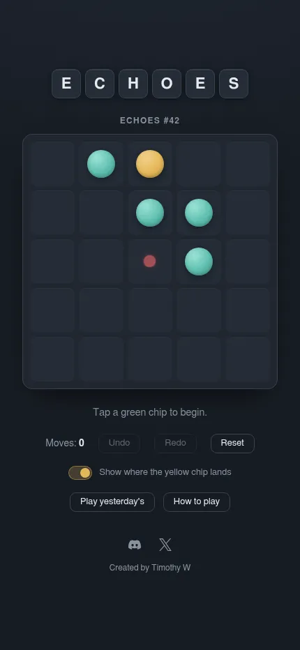 Echoes #42 at phone size: the five by five board with green chips, the yellow chip and red dot, above the moves counter, undo and redo