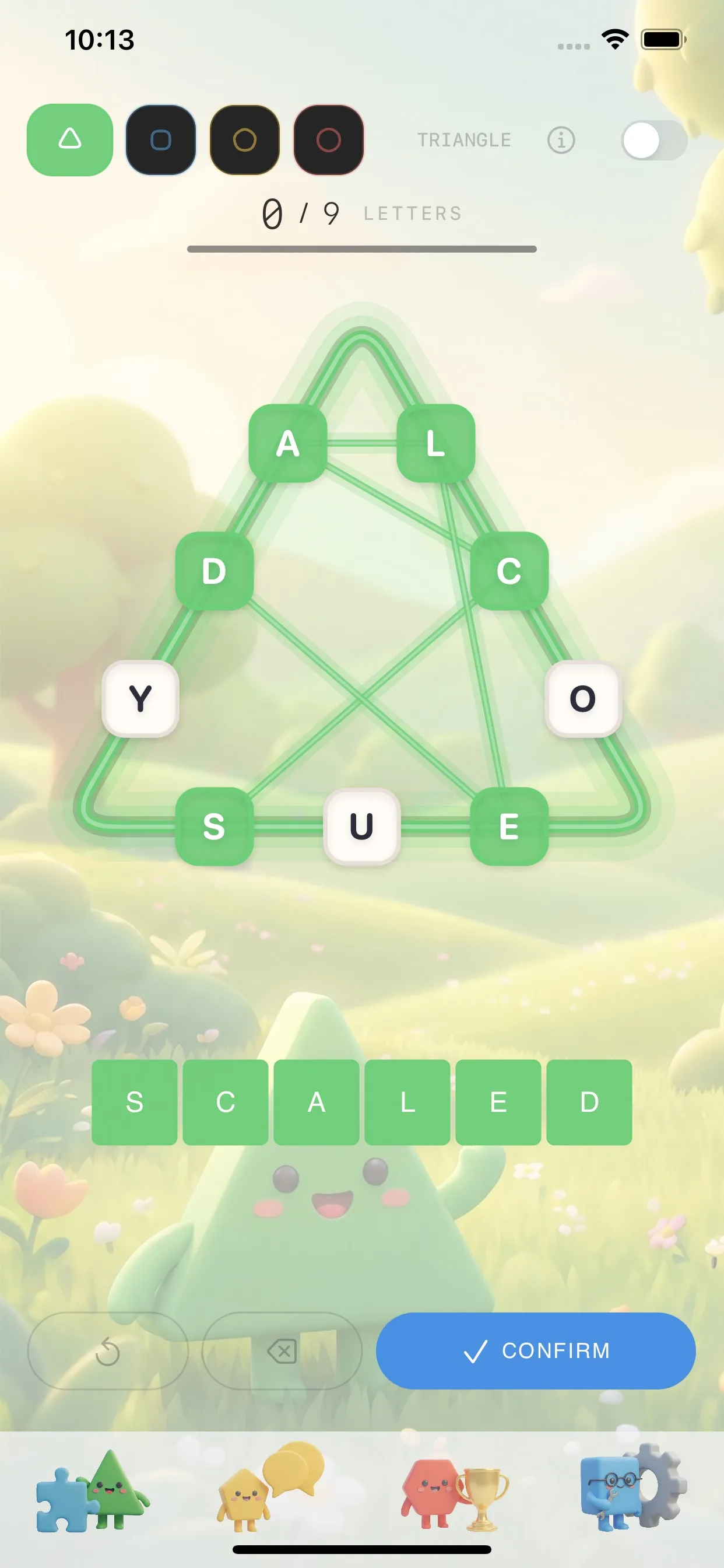 EdgeWords triangle puzzle: nine letters on a green triangle with lines tracing the word SCALED