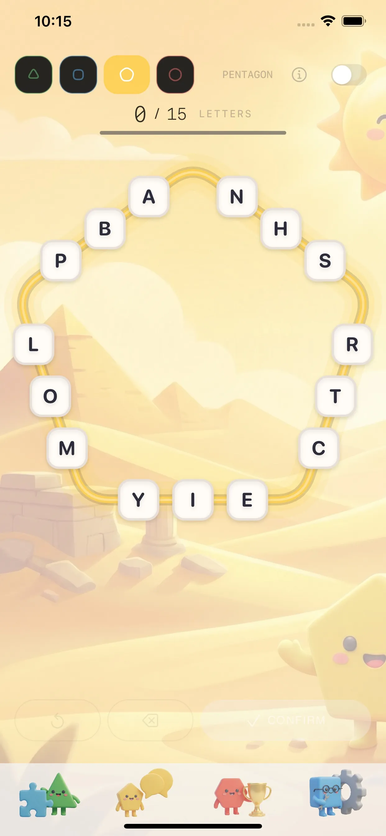 EdgeWords pentagon puzzle: fifteen letters around a yellow pentagon on a desert background