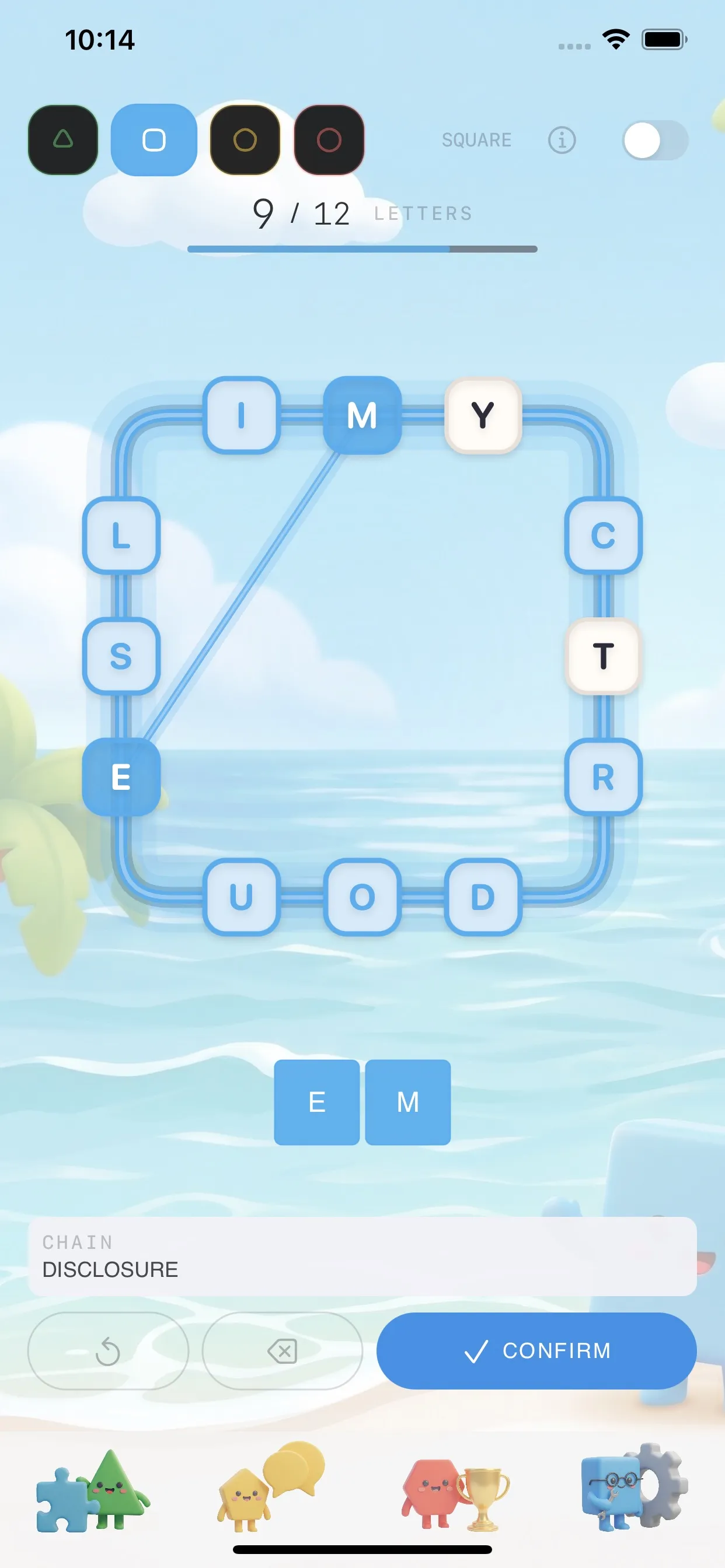EdgeWords square puzzle: twelve letters around a blue square, 9 of 12 used, with the chain DISCLOSURE and the next word starting EM