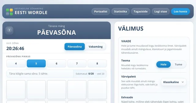 Eesti Wordle Päevasõna screen with the countdown to the next word, length buttons from 4 to 8 and the note that today's word is the same for everyone