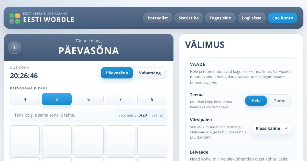 Eesti Wordle Päevasõna screen with the countdown to the next word, length buttons from 4 to 8 and the note that today's word is the same for everyone