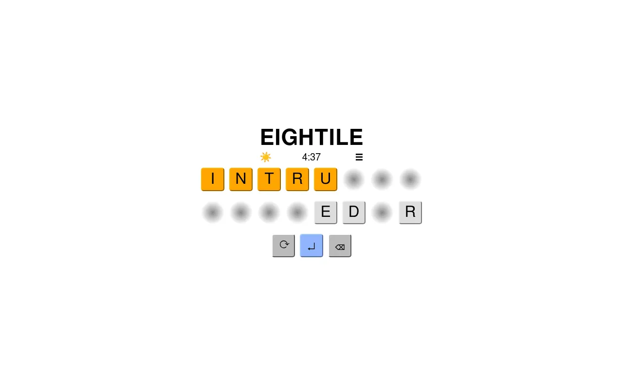 Eightile on 28 October 2026 at the seven-letter rung: INTRU placed on top, E, D and R left below, with 4:37 on the clock