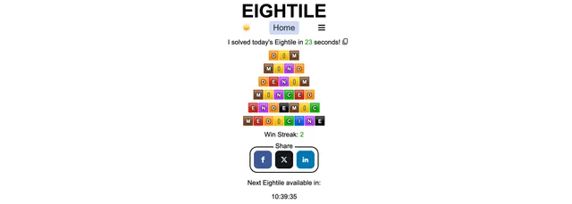 A finished Eightile: a pyramid of coloured letter tiles from DIM up to MEDICINE, with the solve time and win streak