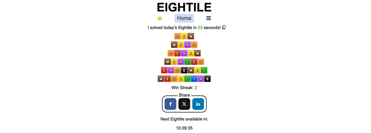 A finished Eightile: a pyramid of coloured letter tiles from DIM up to MEDICINE, with the solve time and win streak
