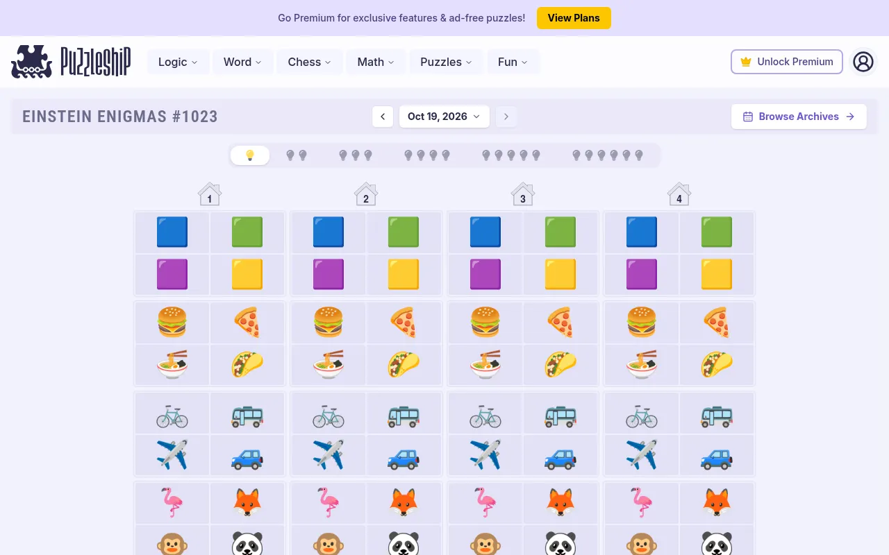 Einstein Enigmas #1023 for 19 October 2026 on desktop: four houses, each with candidate emojis for colour, food, vehicle and animal, and the six difficulty bulbs above the board