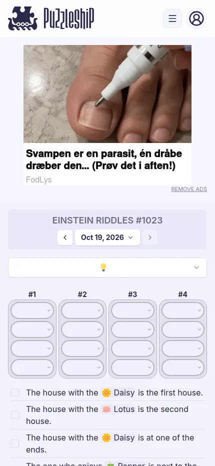 Einstein Riddles #1023 at phone size: a display ad above the date bar, the difficulty menu and four narrow house columns with the first clues below