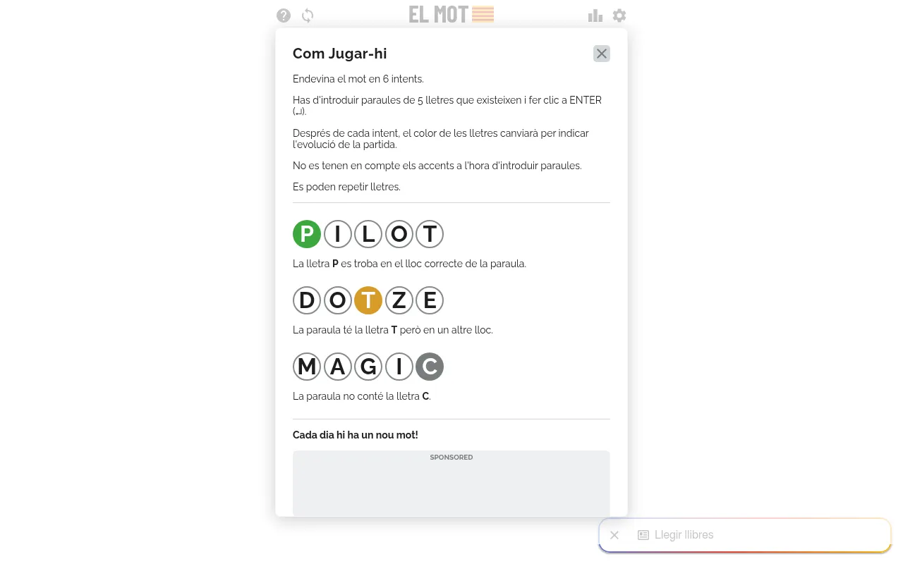 The El Mot help card in Catalan: example words PILOT, DOTZE and MAGIC with green, orange and grey round tiles, and the line Cada dia hi ha un nou mot