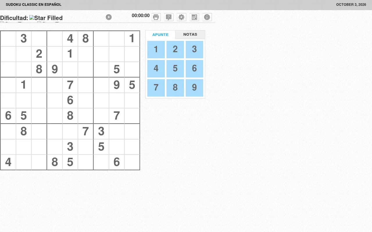Sudoku Classic en Español dated October 3, 2026: a 9 by 9 grid with its given digits, a timer, and a keypad with Apunte and Notas modes