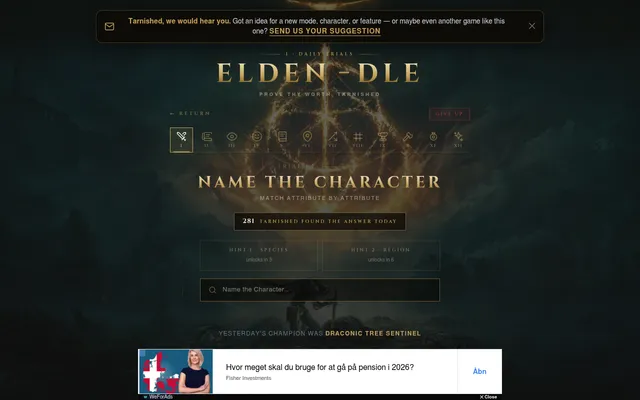 Elden-Dle's Classic trial, Name the Character: the gold Elden-Dle title, the row of twelve daily trial icons, a count of players who found today's answer, two locked hints for species and region, the
