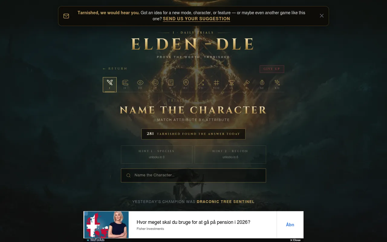 Elden-Dle's Classic trial, Name the Character: the gold Elden-Dle title, the row of twelve daily trial icons, a count of players who found today's answer, two locked hints for species and region, the