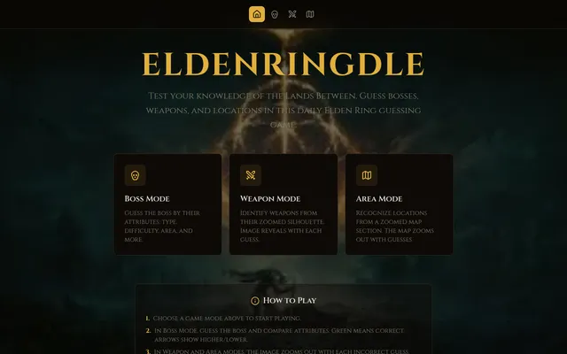 Eldenringdle home: the ELDENRINGDLE title in gold over a dark Lands Between backdrop, and cards for Boss Mode, Weapon Mode and Area Mode above How to Play