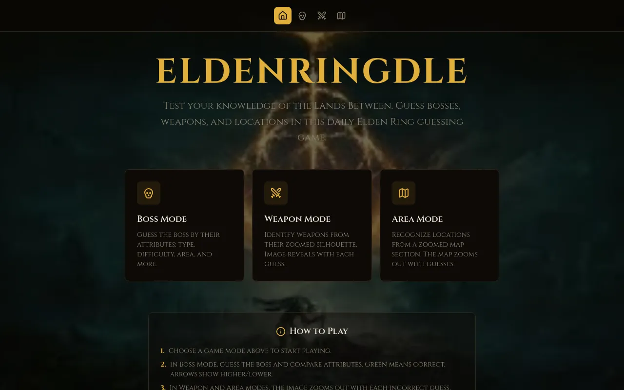Eldenringdle home: the ELDENRINGDLE title in gold over a dark Lands Between backdrop, and cards for Boss Mode, Weapon Mode and Area Mode above How to Play