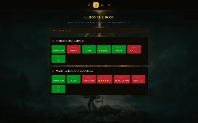 Eldenringdle Boss Mode after two guesses, Starscourge Radahn and Malenia, with type, phase, speed, difficulty, magic, area and DLC tiles in green or red