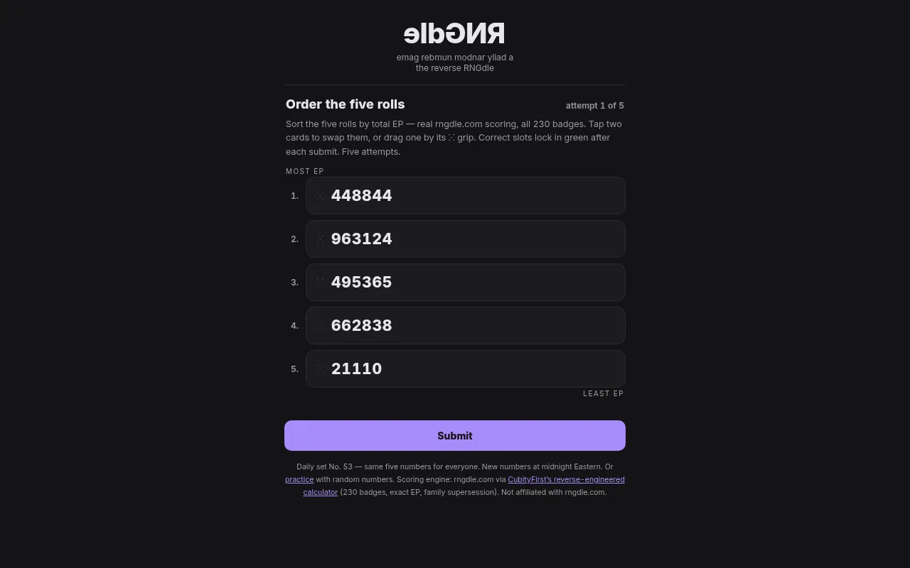eldGNR daily set No. 53: five number cards, 448844, 963124, 495365, 662838 and 21110, to be sorted from most EP to least, attempt 1 of 5