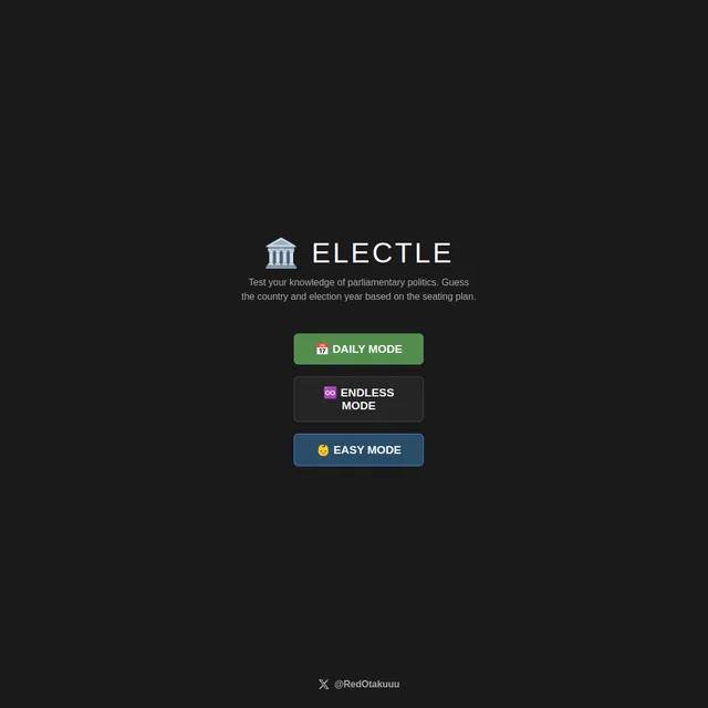 Electle start screen with the parliament icon and buttons for Daily, Endless and Easy modes