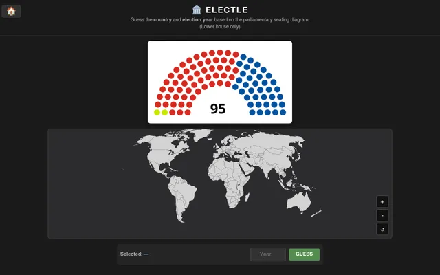 Electle's daily board for 19 October 2026: a 95-seat parliament diagram in red, blue and green above a world map, with a Year box and a Guess button