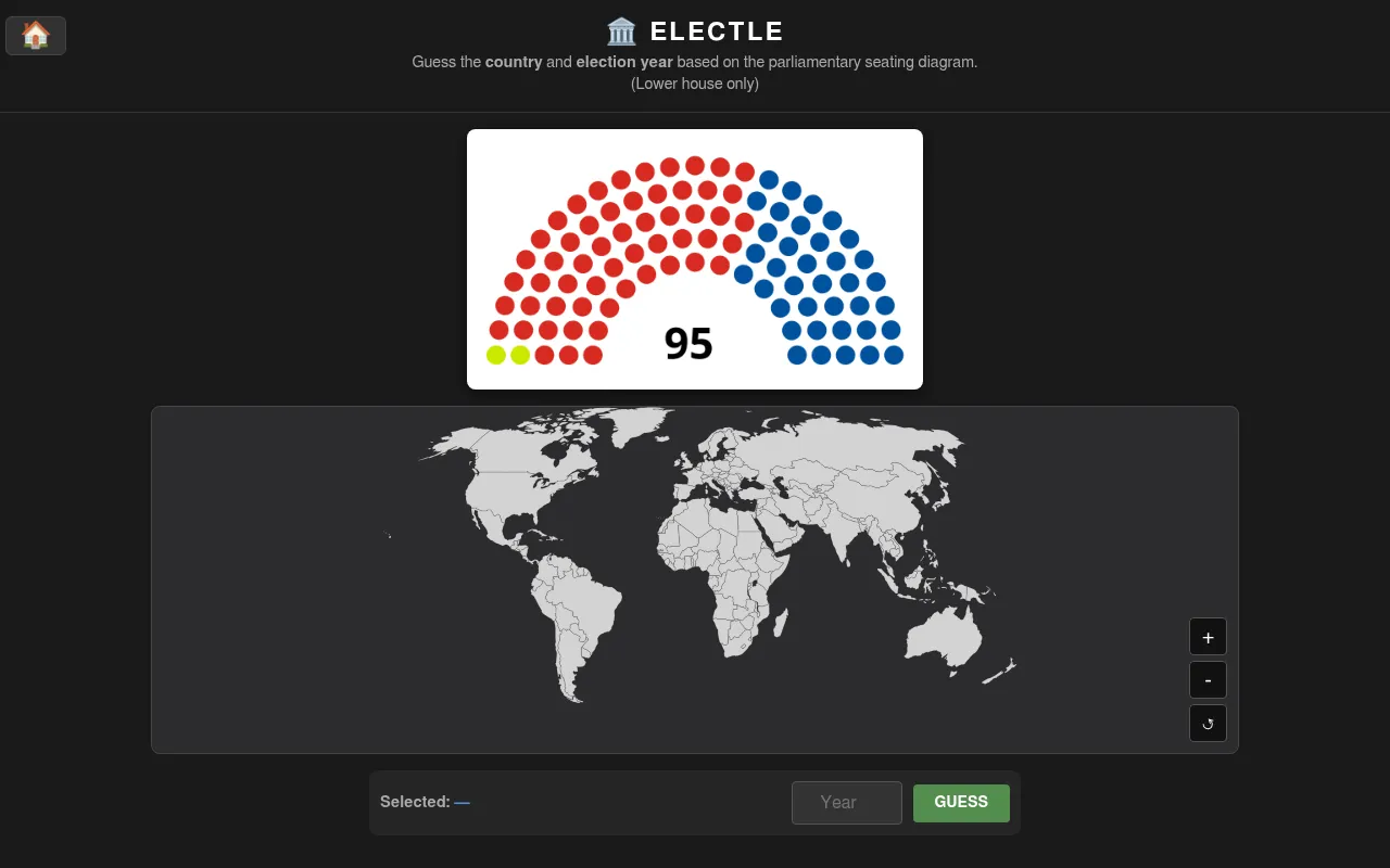 Electle's daily board for 19 October 2026: a 95-seat parliament diagram in red, blue and green above a world map, with a Year box and a Guess button