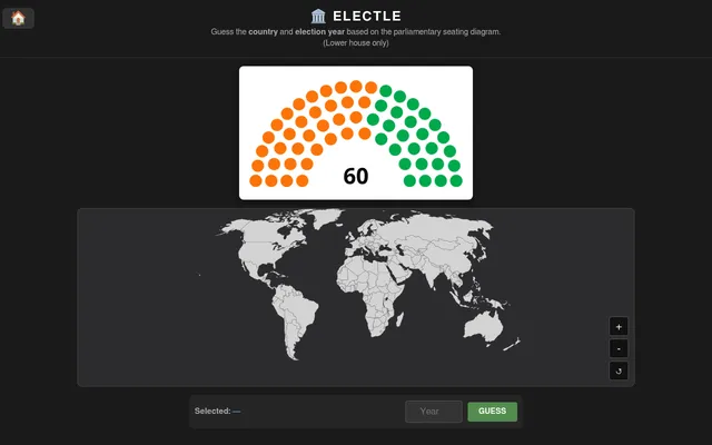 Electle's daily round: a 60-seat parliament seating diagram in orange and green above a world map to pick the country on, with a Year box and a Guess button