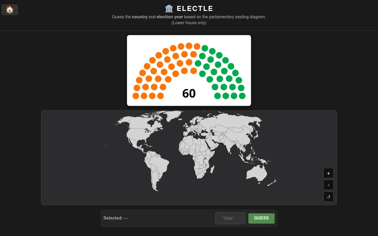 Electle's daily round: a 60-seat parliament seating diagram in orange and green above a world map to pick the country on, with a Year box and a Guess button