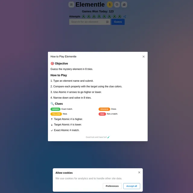 The Elementle page with an element search box and Guess button, a row of eight attempt markers, Games Won Today, and the how to play panel listing the eight tries, the green, orange, yellow and red cl