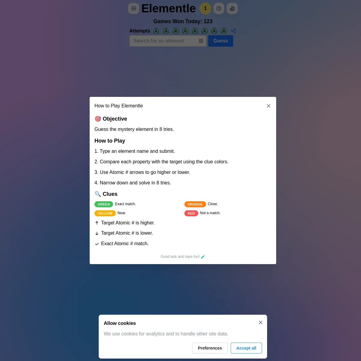 The Elementle page with an element search box and Guess button, a row of eight attempt markers, Games Won Today, and the how to play panel listing the eight tries, the green, orange, yellow and red cl