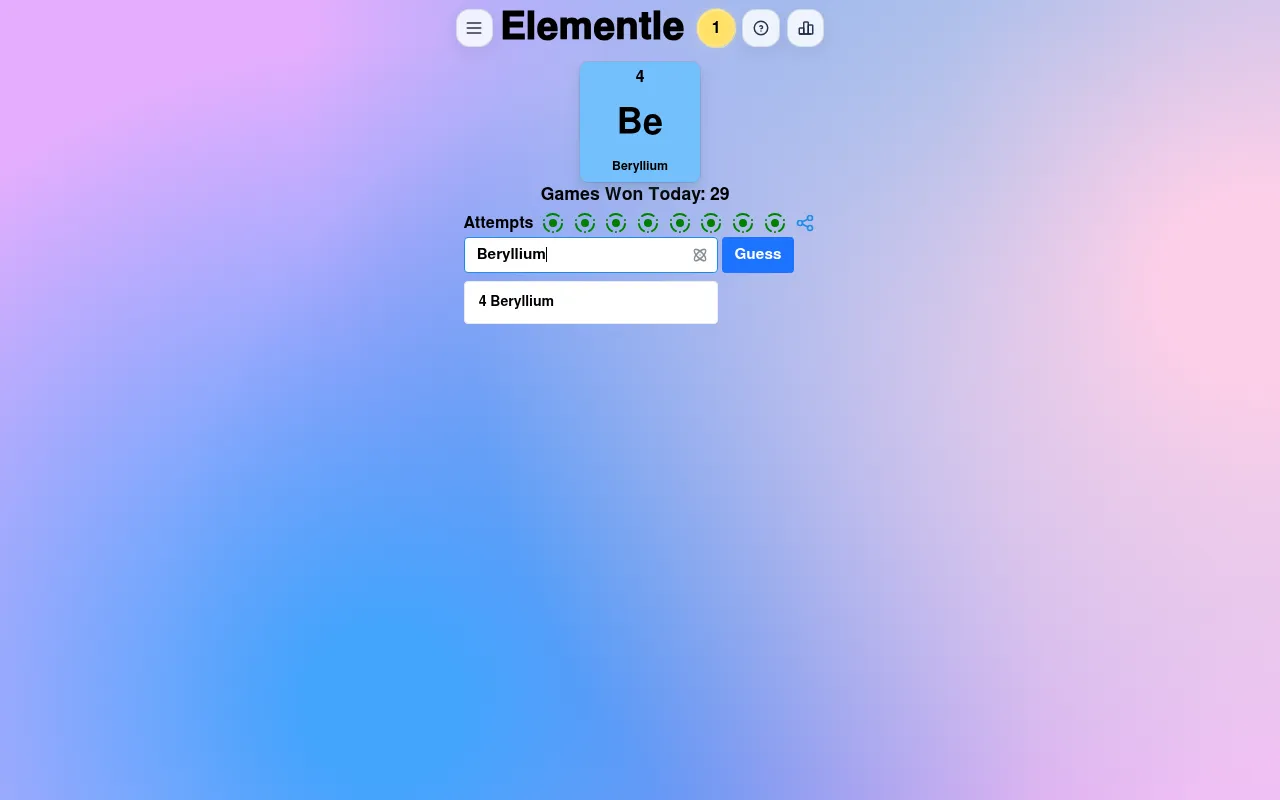 Elementle mid-game: Beryllium guessed, its row comparing atomic number (arrow up), period, group, block, solid state, alkaline earth metal family and 1700s discovery, with one of eight attempts used
