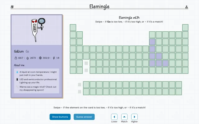 Elemingle #634 on desktop: a Gallium card with its stats and trivia beside the periodic table, the range narrowed to a few squares