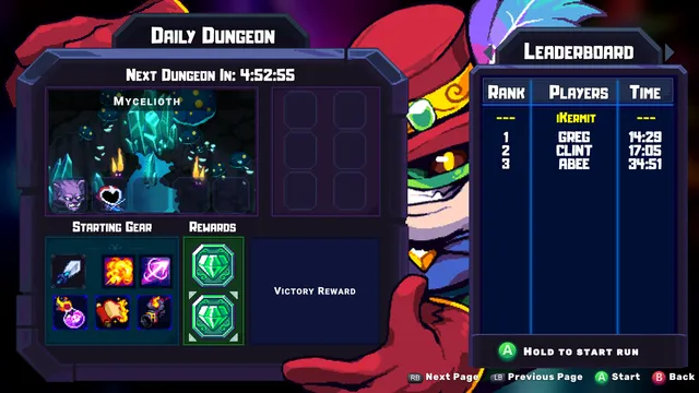 The Ember Knights Daily Dungeon screen: the day's Mycelioth dungeon, its starting gear, token rewards, a countdown to the next dungeon and the leaderboard of times
