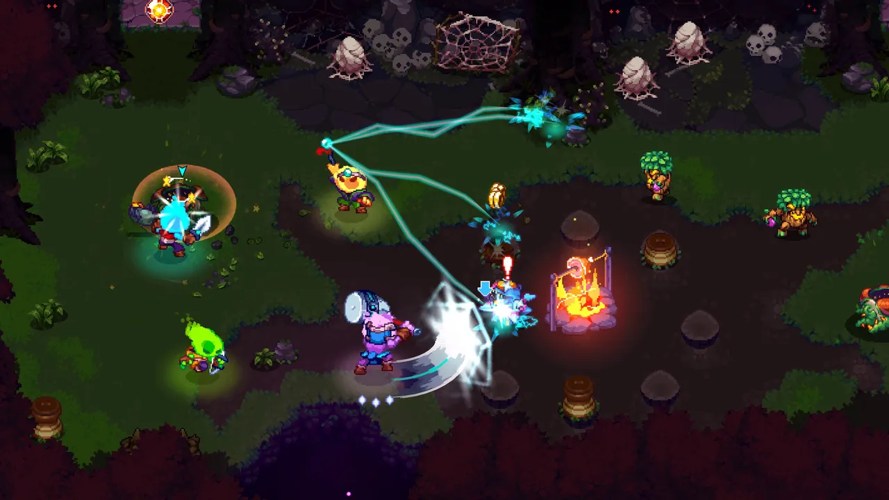 Four Ember Knights heroes fighting tree creatures in a dark forest clearing with a campfire