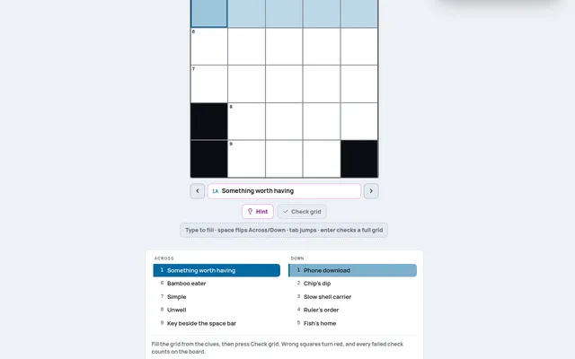 Emcee mini crossword on mindloftdaily.com: an empty 5x5 grid with three black squares, the clue 1A Something worth having, and the Across and Down clue lists