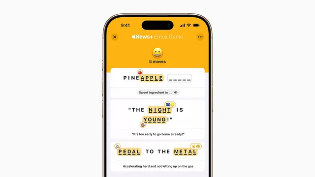 An iPhone showing an Emoji Game board in Apple News+: Pineapple, The night is young and Pedal to the metal with emoji placed on their letters, clues below and 5 moves