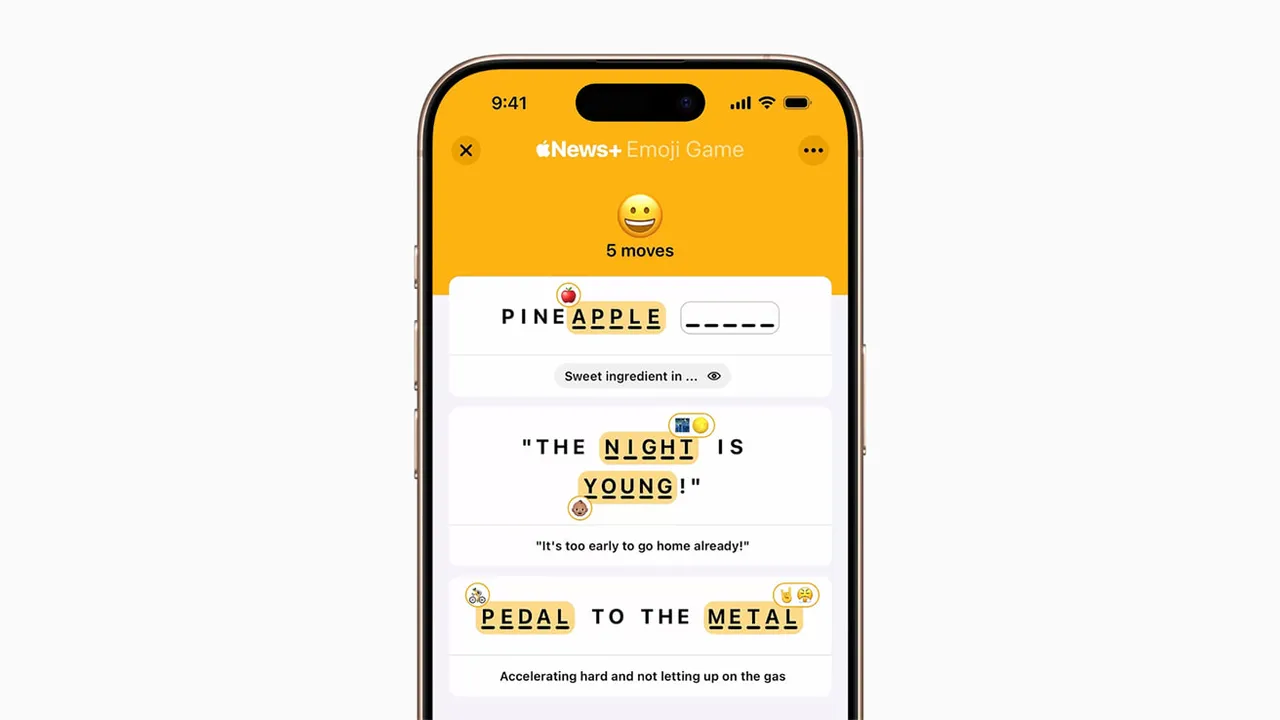 An iPhone showing an Emoji Game board in Apple News+: Pineapple, The night is young and Pedal to the metal with emoji placed on their letters, clues below and 5 moves