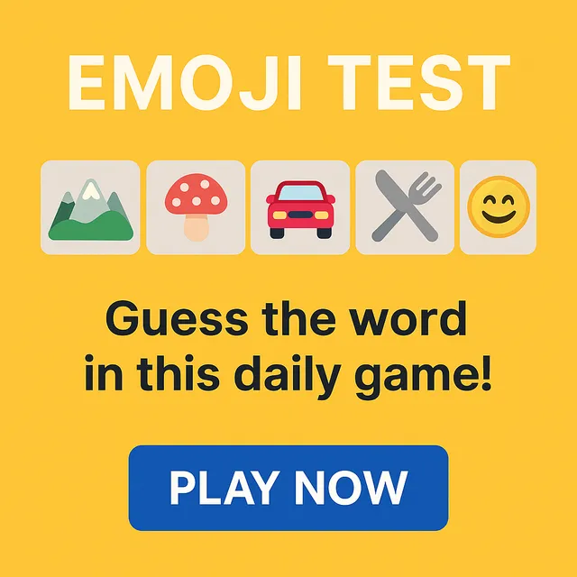 Emoji Test share card: a row of emoji tiles (mountain, mushroom, car, knife and fork, smiling face) above 'Guess the word in this daily game!'