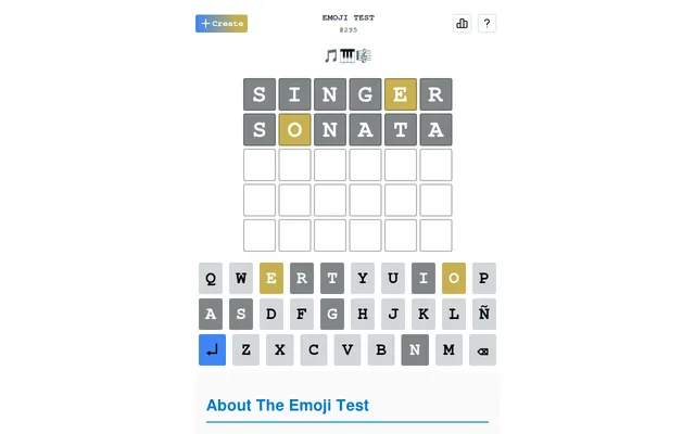Emoji Test #295 on 22 October 2026: music emoji above a six-letter grid with two guesses, SINGER and SONATA, coloured grey and yellow, and the on-screen keyboard