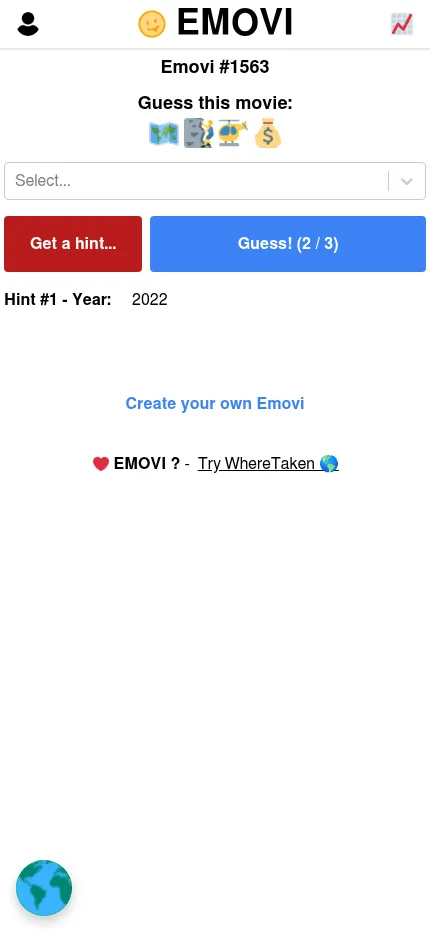 Emovi #1563 at phone size: the four emoji clue, the film picker, Get a hint and Guess buttons, and the year hint 2022