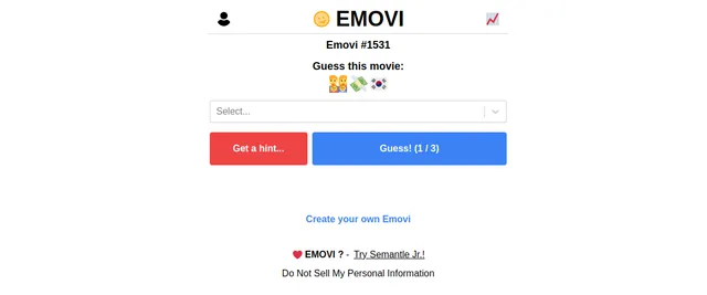 The Emovi daily puzzle: a short row of emoji describing a film, a box to pick a film title, and Get a hint and Guess (1 / 3) buttons