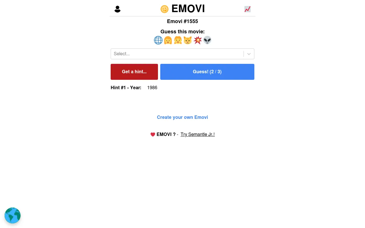Emovi #1555 on the desktop: a row of six emoji to name the film from, a film picker, and the first hint revealed (Year: 1986) with Guess (2 / 3) left