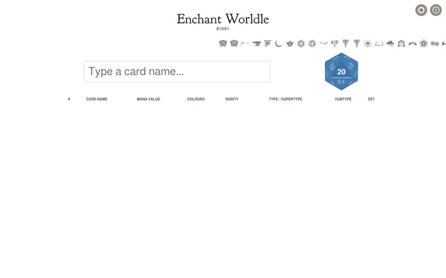 Enchant Worldle #1661: the card name box, a d20 showing 20 guesses left, set symbols and the empty guess table with Mana Value, Colours, Rarity, Type, Subtype and Set columns