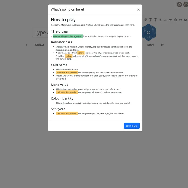 Enchant Worldle how-to-play panel explaining green matches, indicator bars, mana value and set hints, over the guess table