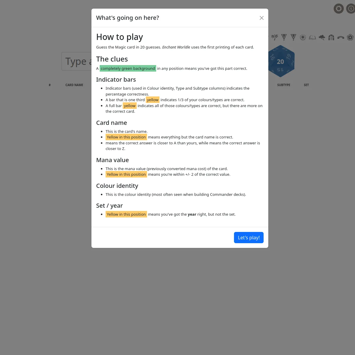 Enchant Worldle how-to-play panel explaining green matches, indicator bars, mana value and set hints, over the guess table
