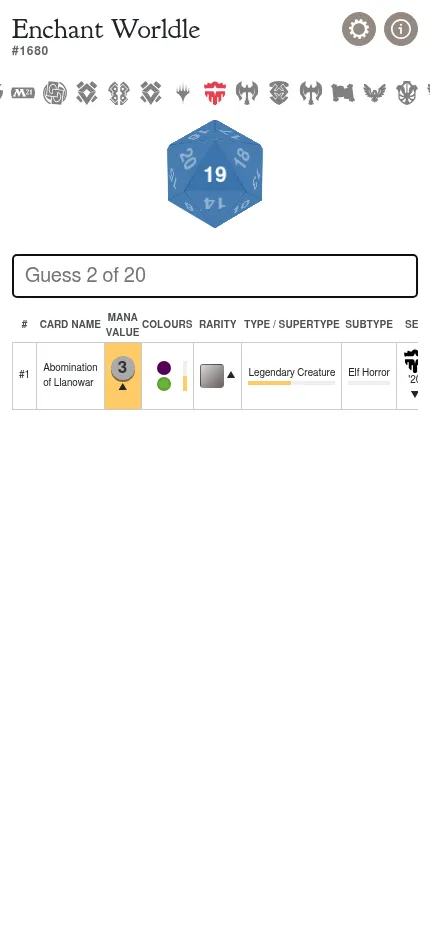 Enchant Worldle #1680 at phone size after one guess, Abomination of Llanowar, with the d20 at 19 and the clue columns; the set column runs off the right edge