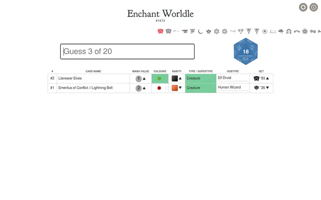 Enchant Worldle #1673 on a desktop after two guesses: rows for Llanowar Elves and Emeritus of Conflict with green matches, arrows and the d20 showing 18 guesses left