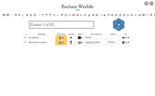 Enchant Worldle #1680 on a desktop after two guesses, Abomination of Llanowar and Arc Lightning, with yellow mana value cells, higher and lower arrows and the d20 showing 18 left