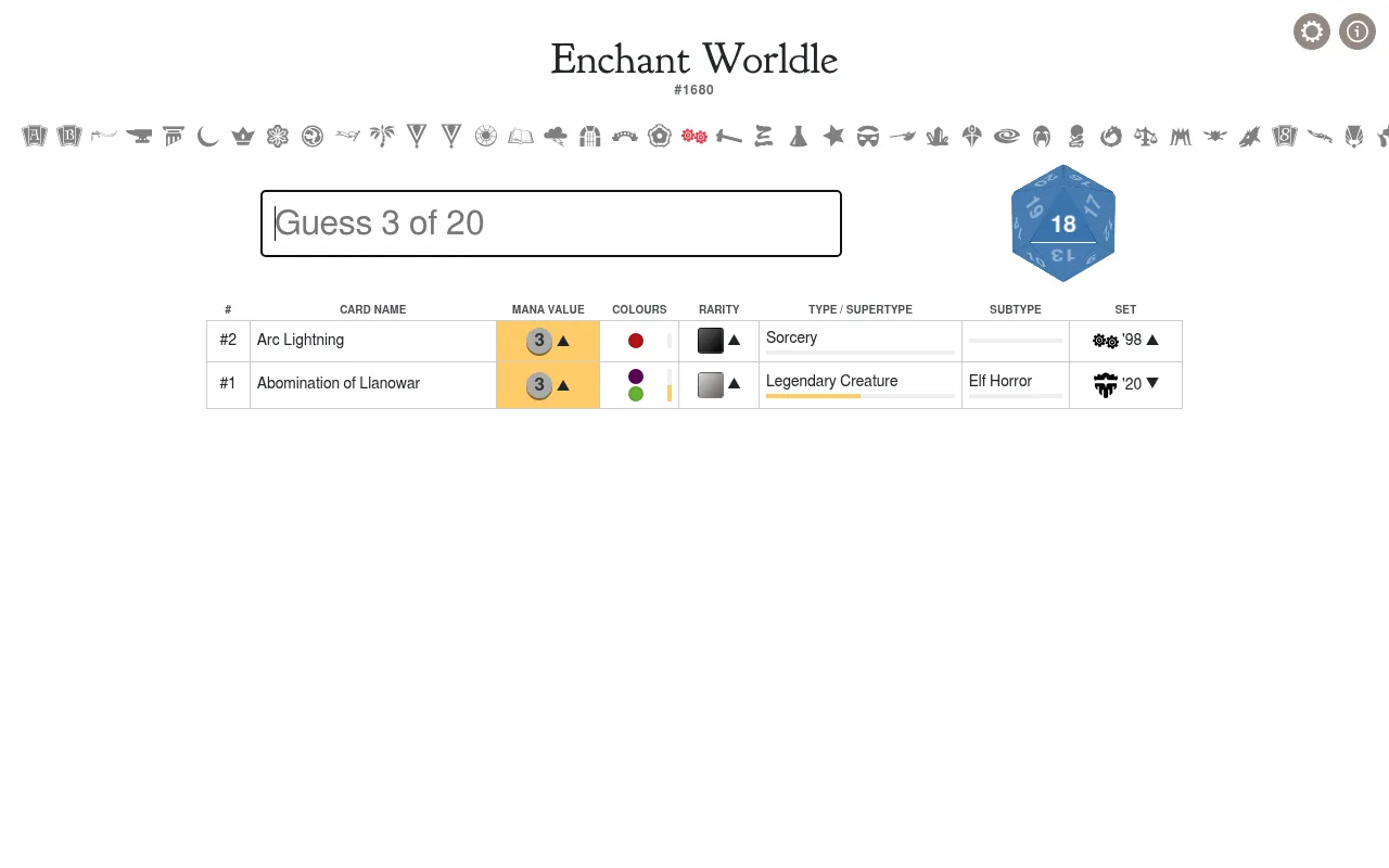 Enchant Worldle #1680 on a desktop after two guesses, Abomination of Llanowar and Arc Lightning, with yellow mana value cells, higher and lower arrows and the d20 showing 18 left