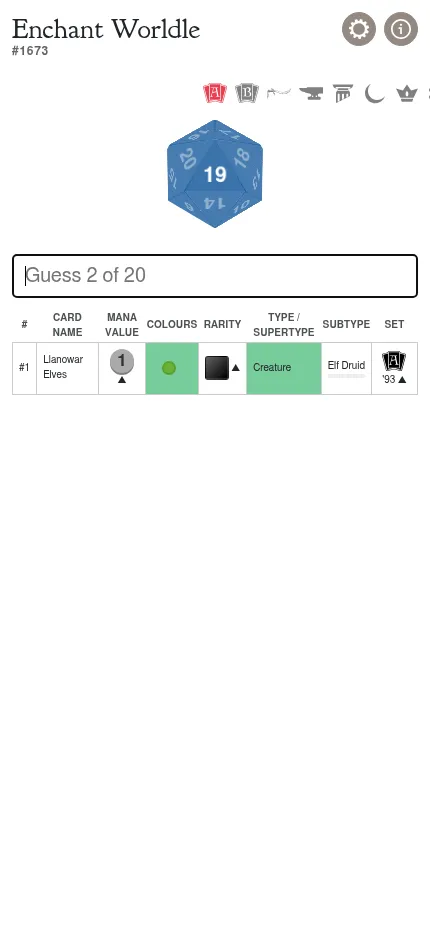 Enchant Worldle #1673 at phone size after one guess, Llanowar Elves, with the d20 counter and the clue columns