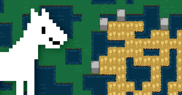 A white pixel-art horse beside a map of grass, water channels and fields enclosed by stone walls