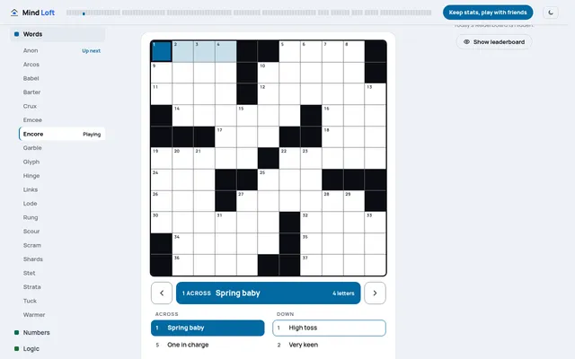 Encore Sunday Edition for 18 October 2026 on mindloftdaily.com: an empty 11x11 crossword grid, the clue 1 Across Spring baby, and the Across and Down lists